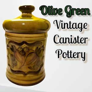 Vintage Canister Green Signed Glazed Pottery